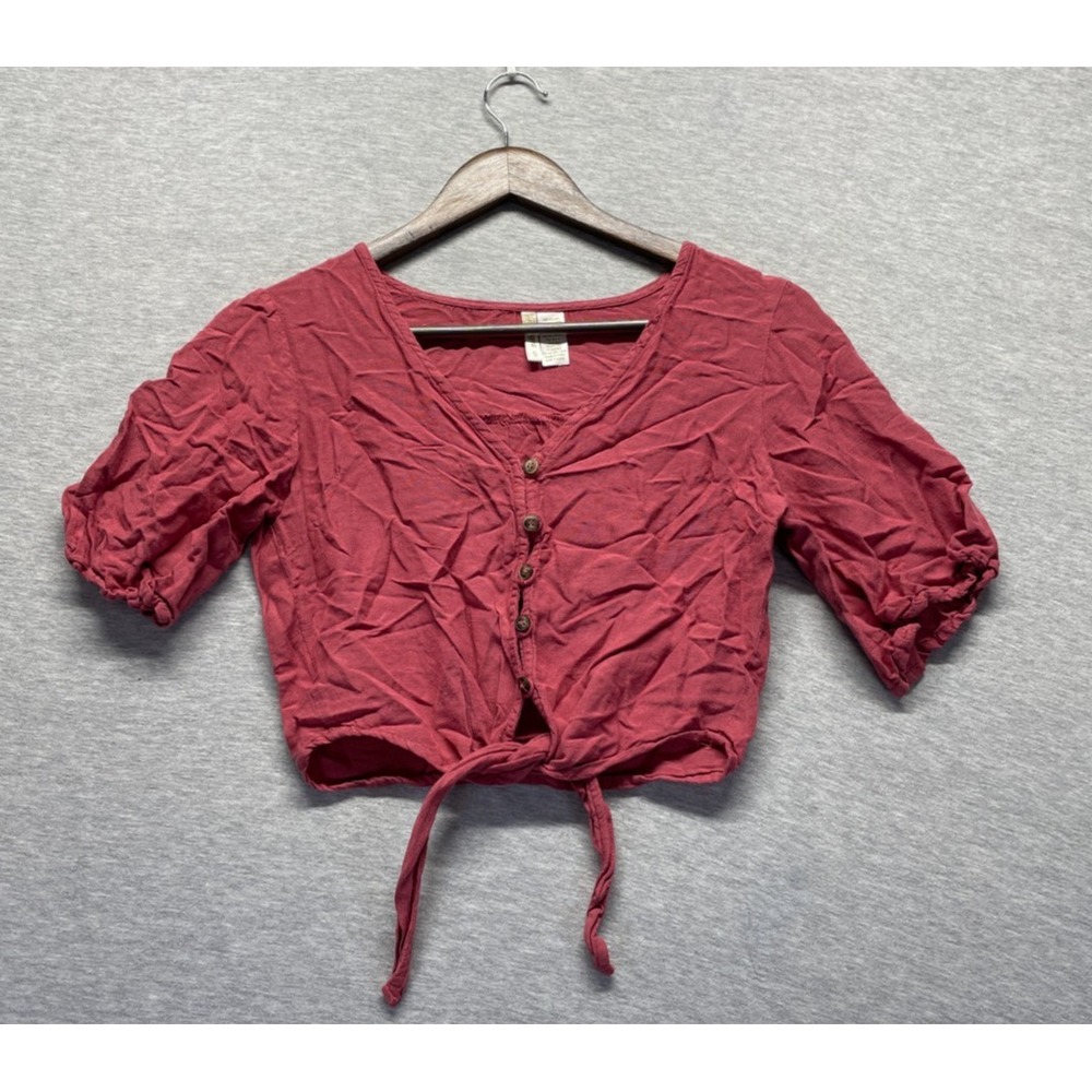 Japna Blouse Crop Top Womens Small Red Viscose Knotted Front Button Front Casual